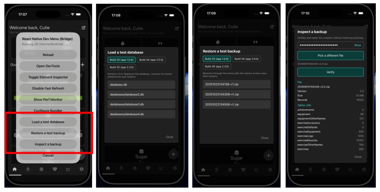 The Bearly Fit debug menu inside the React Native dev menu, with Load a test database, Restore a test backup and Inspect a backup screens - listing seeded builds, backup zips and the verified contents of a backup